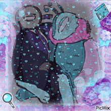 a drawing of a man and a woman with a magnifying glass and the words picmix below them