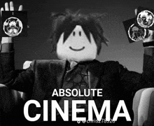 a man in a suit and tie is sitting in a chair with absolute cinema written in white letters