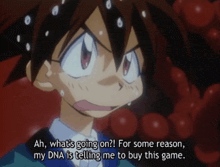 a cartoon character says ah what 's going on for some reason my dna telling me to buy this game
