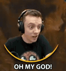a man wearing headphones and a black shirt is making a surprised face .