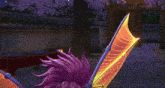 a cartoon character with purple hair and glowing wings is flying in the air .