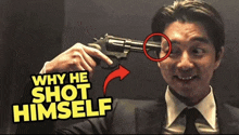 a man in a suit and tie is holding a gun to his head with the words " why he shot himself " below him