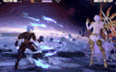 a video game screen shows two characters fighting each other and one of them has a sword in his hand