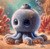 a stuffed octopus is swimming in the ocean near corals .