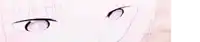 a close up of a girl 's eyes with purple irises and white hair .