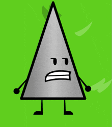 a triangle and a bowling ball with a face on them on a green background