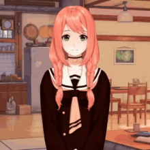 a girl with pink hair and green eyes is standing in front of a refrigerator