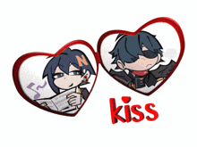 a couple of heart shaped frames with the word kiss on the bottom