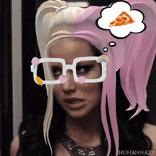 a woman with pink hair is wearing glasses and thinking about pizza
