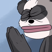 a cartoon drawing of a panda bear with his eyes closed and his tongue out