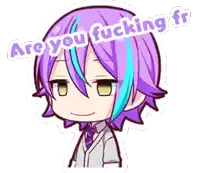 a cartoon of a boy with purple hair and blue streaks says are you fucking fr .