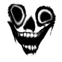 a black and white drawing of a skull with a big smile