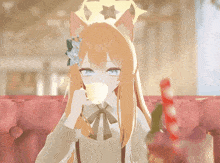 a girl with cat ears is holding a cup of coffee
