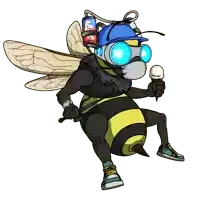 a cartoon of a bee wearing a blue hat holding an ice cream cone and a watch