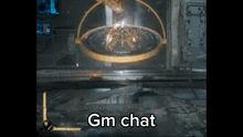 a video game scene with the words `` gm chat '' on the bottom of the screen .