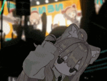 a cartoon of a girl with a cat ear covering her face in front of a sign that says ebisu