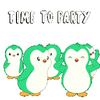 a group of green and white penguins are standing next to each other with the words time to party above them