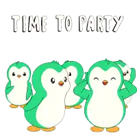 a group of green and white penguins are standing next to each other with the words time to party above them