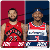two basketball players one from the raptors and one from the wizards are shown