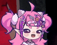 a cartoon character with pink hair and a lot of stickers on her head