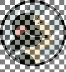 a black and white checkered circle with a woman 's face inside of it