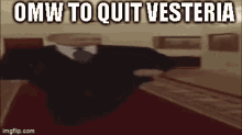 a man in a suit and tie with the words omw to quit vestia