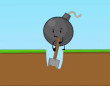 a bomb with a shovel sticking out of its mouth