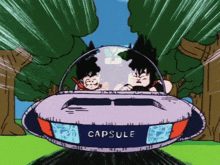 two cartoon characters are riding in a capsule flying through the air
