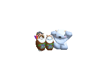 a stuffed animal is standing next to a couple of vita coco eggs