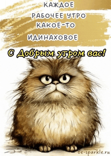 a grumpy cat is on a greeting card that says " с добрым утром вас "
