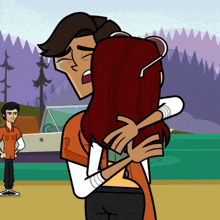 a cartoon of a man and a woman hugging with a boat in the background
