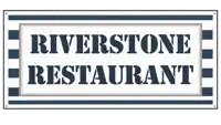 a sign that says riverstone restaurant in black letters on a white background