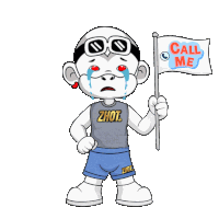 a cartoon character holding a flag that says call me on it