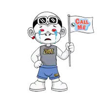a cartoon character holding a flag that says call me on it