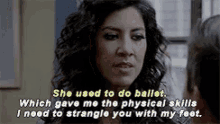 a woman is talking to a man in a room and says `` she used to do ballet . ''