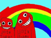 two red cartoon characters standing next to each other with one wearing a shirt that says join today