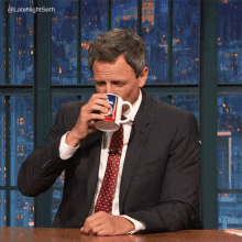Drinking Coffee GIF - Late Night Seth Seth Meyers Drinking Coffee GIFs