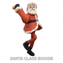 santa claus is holding a bell and dancing with the words santa claus boogie above him