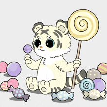 a cartoon of a tiger holding a lollipop surrounded by candies