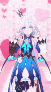 a girl with white hair and blue eyes is wearing a blue dress and a crown on her head .