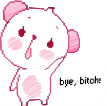 a pixel art of a pink bear with the words bye bitch below it