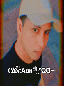 a man wearing a white hat with the words codeaan elite qq on the bottom right