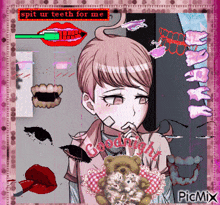 a picture of a girl brushing her teeth with the words spit ur teeth for me above her