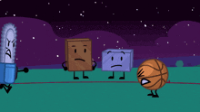 a group of cartoon characters including a basketball and a saw