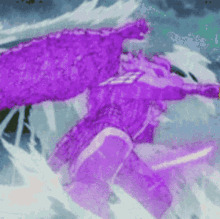 a purple dragon is flying through the air with a sword in its hand .