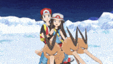a boy and a girl are riding on the back of a brown pokemon