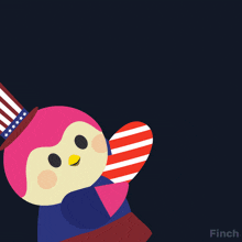 a pink penguin wearing an uncle sam hat is holding an american flag and says happy 4th of july