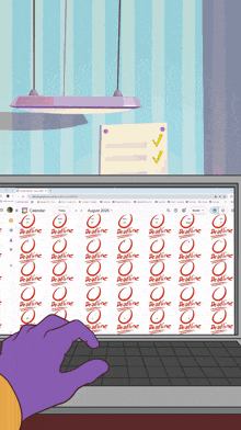 a cartoon drawing of a person using a laptop with a bunch of deadline stickers on it