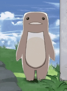 a cartoon penguin is standing in a field with a blue sky in the background
