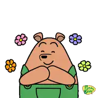 a cartoon bear is surrounded by flowers and the words pants gear on the bottom right